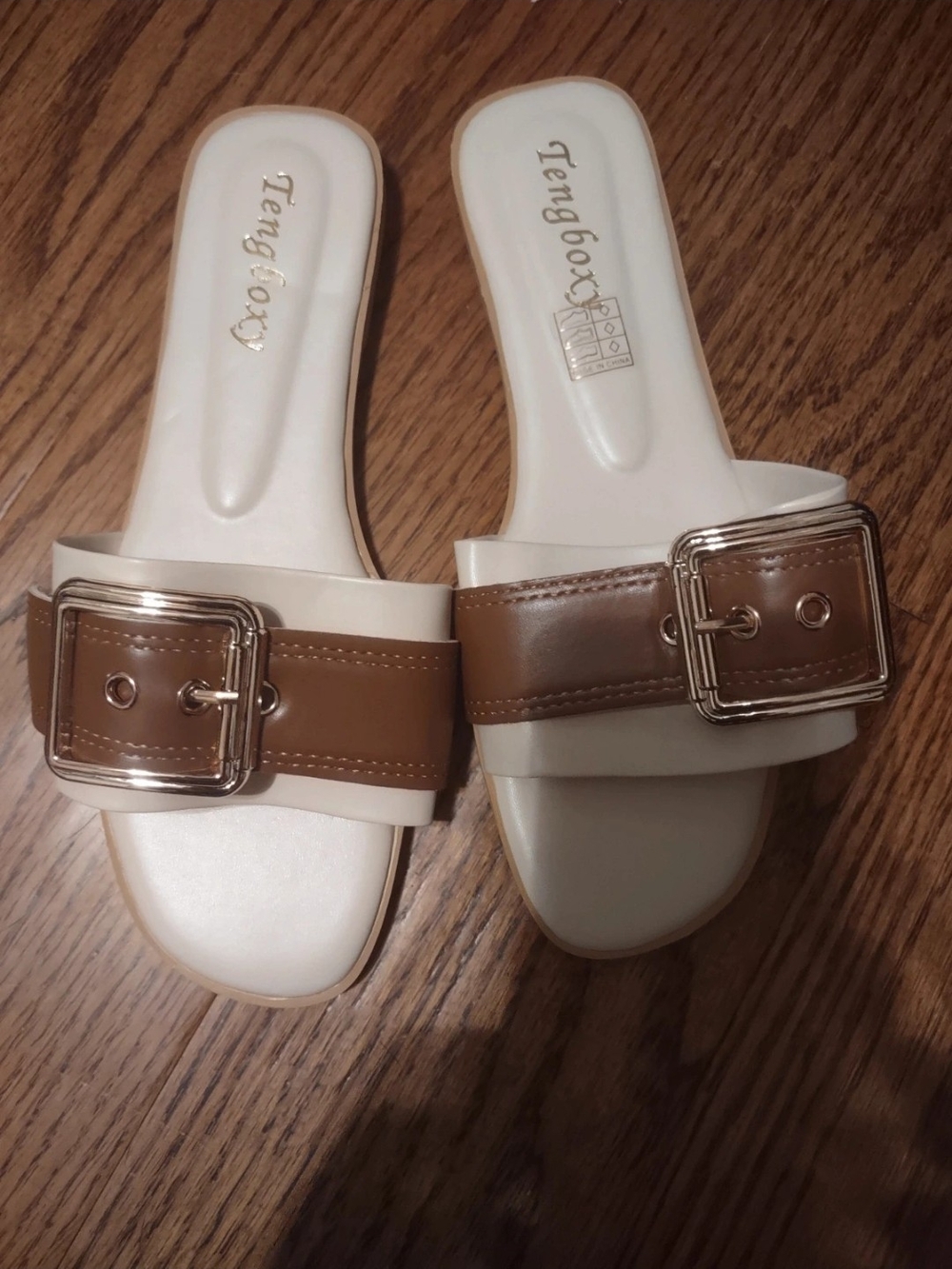 Cream and Brown Buckle Slide Sandals